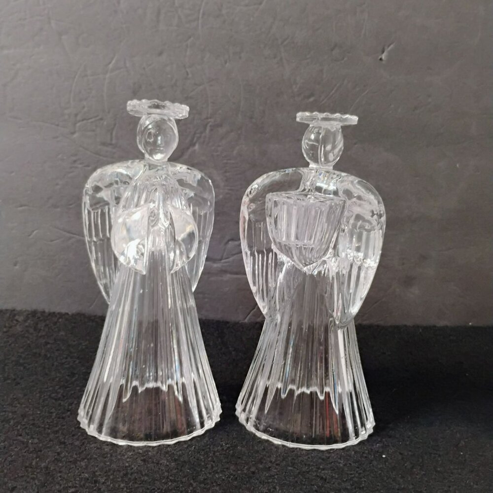 Large Vintage Crystal Angel Candle Holders, Set of 2, Glass Angels Candlesticks - Picture 7 of 10